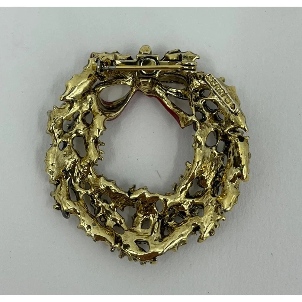 Vintage Gerry Christmas Brooch Wreath Red & Green Enamel Gold-Toned 1.8